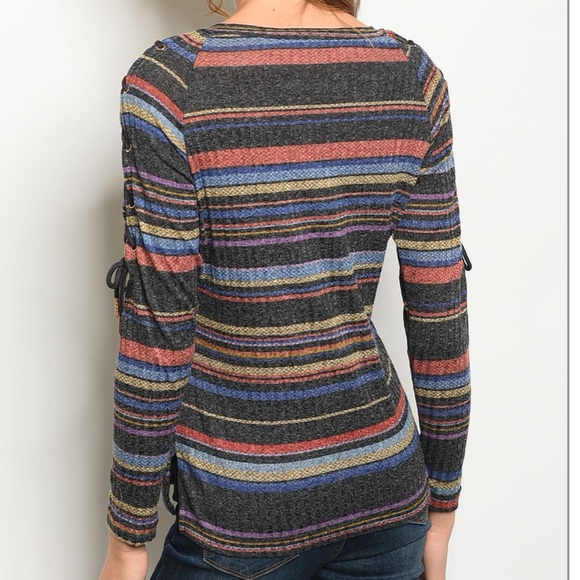Multi Color Stripe Tie Sleeve Top - Picture 7 of 7
